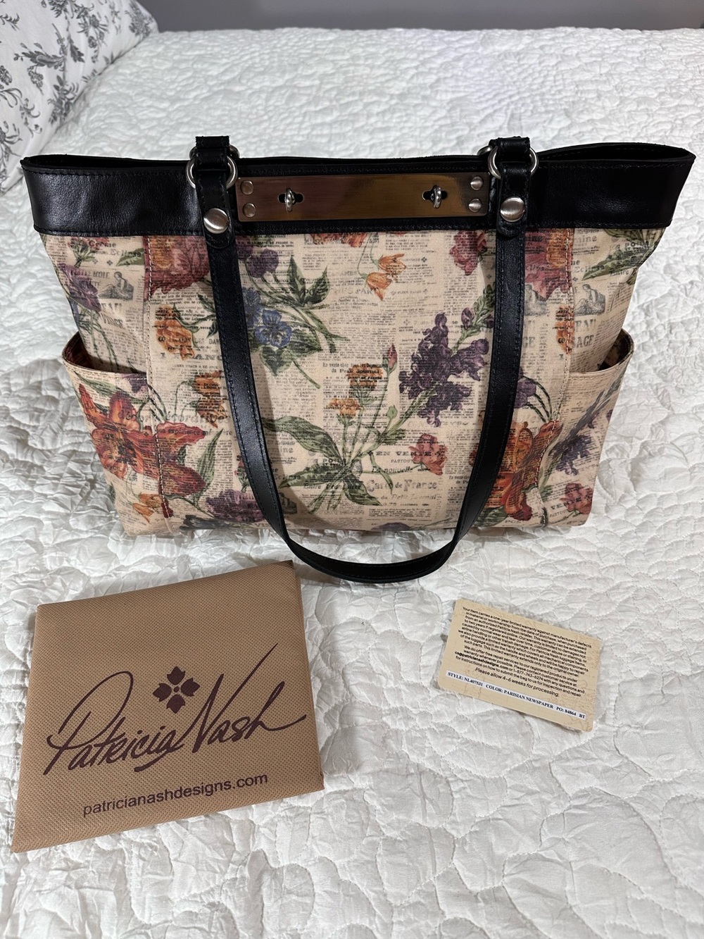 NEW Patricia Nash Ria Coated Canvas Tote with Leather Trim Parisian Newspaper